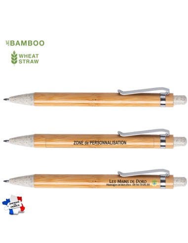 Stylo personnalisé à bille corps bambou et paille de blé - Trepol